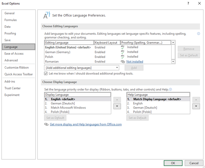 Captura de pantalla para establecer inglés como idioma para mostrar en la ventana Opciones de Excel.