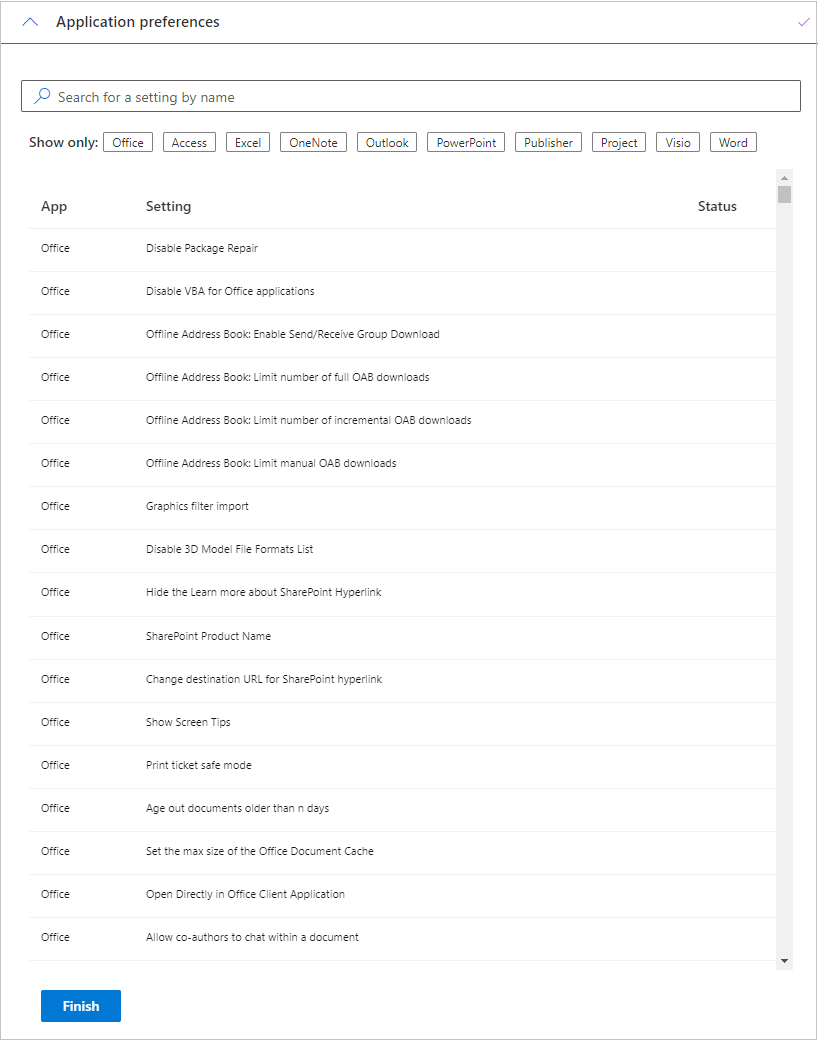 Captura de pantalla de la página que muestra las preferencias de aplicación.