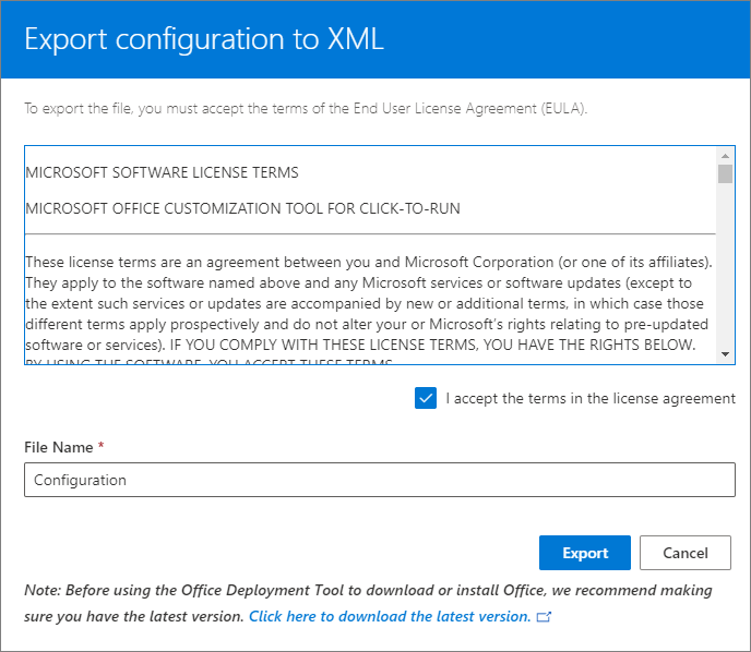 Captura de pantalla de la página Exportar configuración a XML.