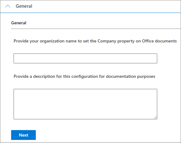 Captura de pantalla de la página para proporcionar el nombre de la organización y los fines de configuración.