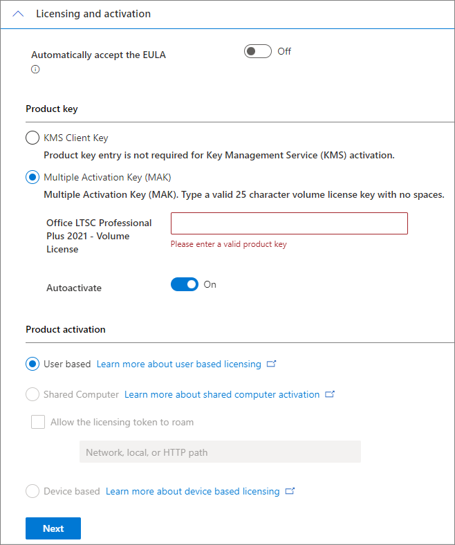 Captura de pantalla de la página para seleccionar las opciones de licencia y activación.