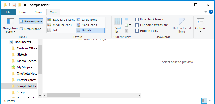 Captura de pantalla de la selección del panel Vista previa después de seleccionar la pestaña Vista en el Explorador de archivos.