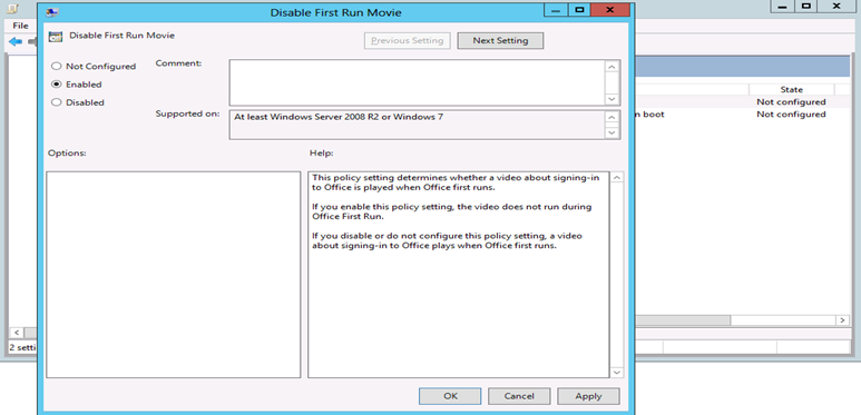 Captura de pantalla para establecer Deshabilitar la primera película de ejecución en Habilitado.