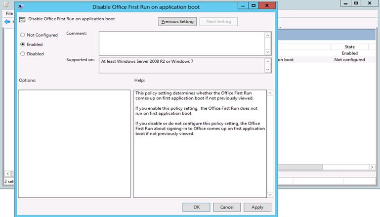 Captura de pantalla para establecer Deshabilitar la primera ejecución de Office en el arranque de la aplicación en Habilitado.