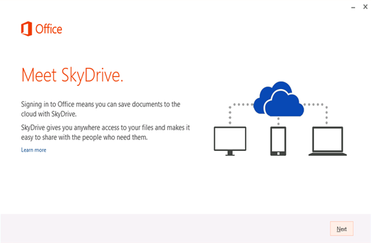 Captura de pantalla de las pantallas de primera ejecución, en la que se muestra Meet SkyDrive.