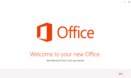 Captura de pantalla de las pantallas de primera ejecución, que muestra la bienvenida a su nuevo Office.