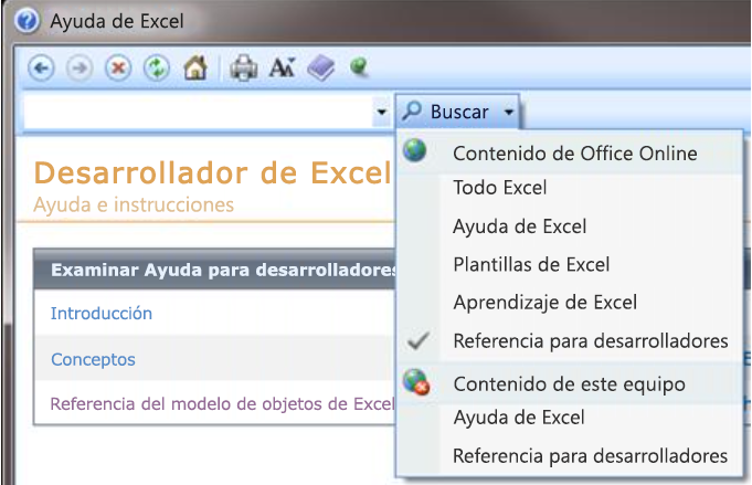 El filtrado que se realice en la Ayuda para desarrolladores se aplica a todas las aplicaciones de Office.