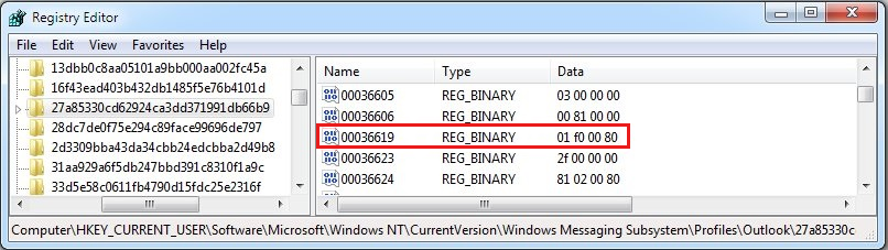 Captura de pantalla de la pestaña Seguridad del cuadro de diálogo de Microsoft Exchange, se verifica el valor del valor binario 00036619.