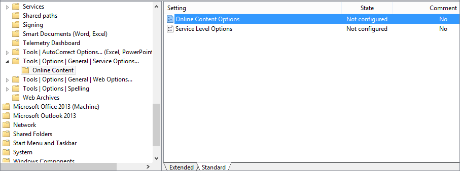 Captura de pantalla de la configuración de directiva Opciones de contenido en línea.