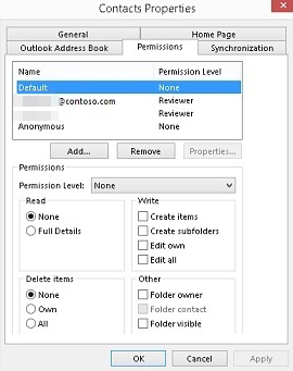 Captura de pantalla que muestra la pestaña permisos en Propiedades de contacto.