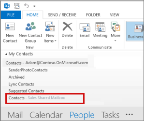 Captura de pantalla que muestra la carpeta de contactos seleccionada en la página Mis contactos.