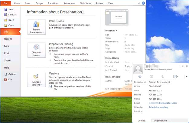 Captura de pantalla para mostrar una tarjeta de contacto mediante PowerPoint