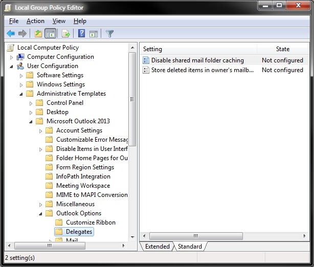 Captura de pantalla de la directiva de grupo Editor local para Outlook 2013.