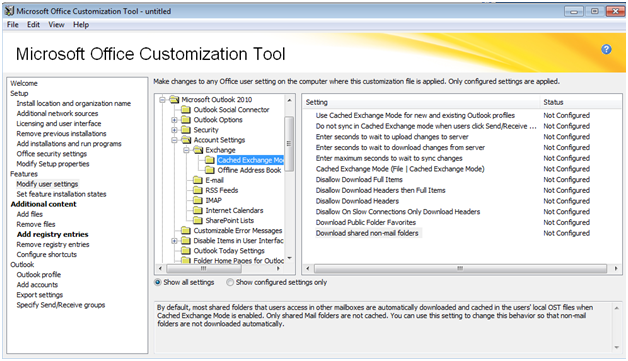 Captura de pantalla que muestra la configuración en el OCT de Outlook.
