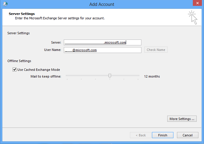 Captura de pantalla de la ventana Agregar cuenta con el botón Más opciones en la sección Configuración del servidor.