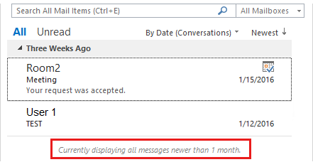 La captura de pantalla muestra el mensaje que se muestra si tiene la opción de configuración Correo para mantener sin conexión establecida en 1 mes.