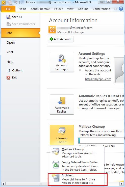 Captura de pantalla para seleccionar la opción Archivar después de seleccionar Herramientas de limpieza.
