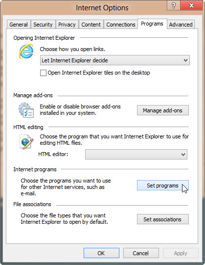 Captura de pantalla de la pestaña Programas en Opciones de Internet.