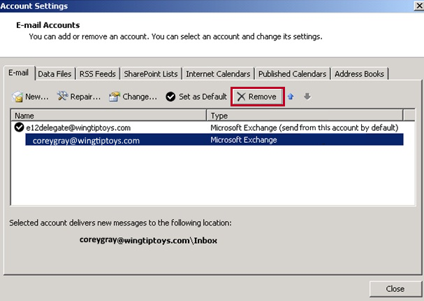 Captura de pantalla que resalta el botón Quitar después de seleccionar una cuenta de Exchange.