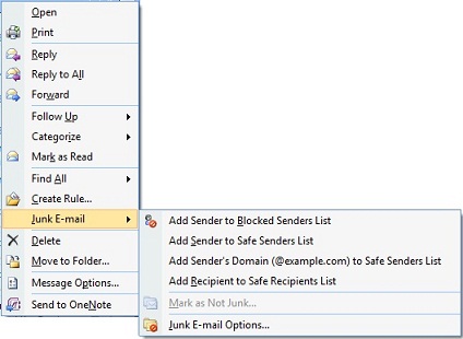 Captura de pantalla que muestra el menú de Email no deseado de Outlook 2007.