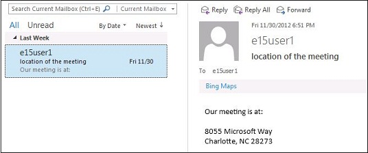 Captura de pantalla del mensaje de correo electrónico con mapas de Bing.