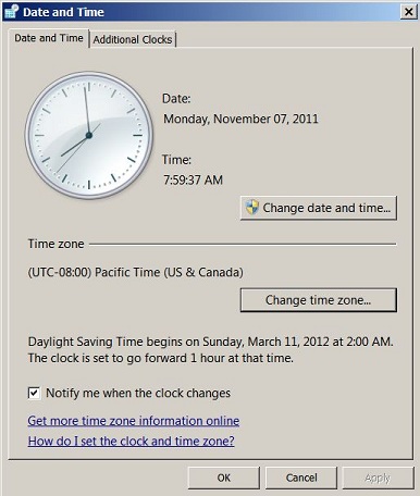 Captura de pantalla del cuadro de diálogo Configuración de fecha y hora.