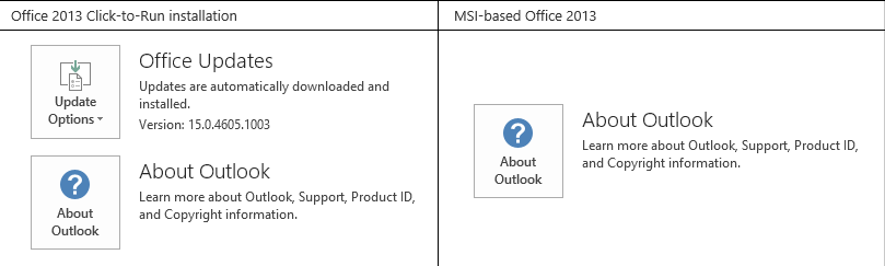 Captura de pantalla de la página Cuenta de Office para las instalaciones de Office basadas en MSI y hacer clic y ejecutar.