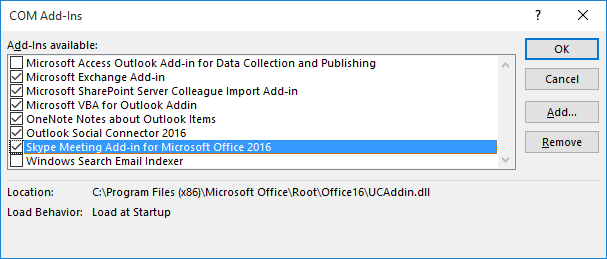 Captura de pantalla de la opción complemento de Reunión de Skype para Microsoft Office 2016 en el cuadro de diálogo Complementos COM.