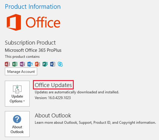 Captura de pantalla que muestra la sección Información del producto de Office.