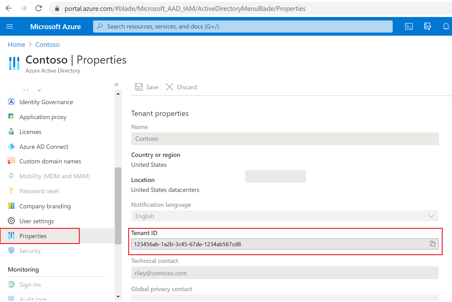 Screenshot showing the Properties page with the Tenant ID highlighted.