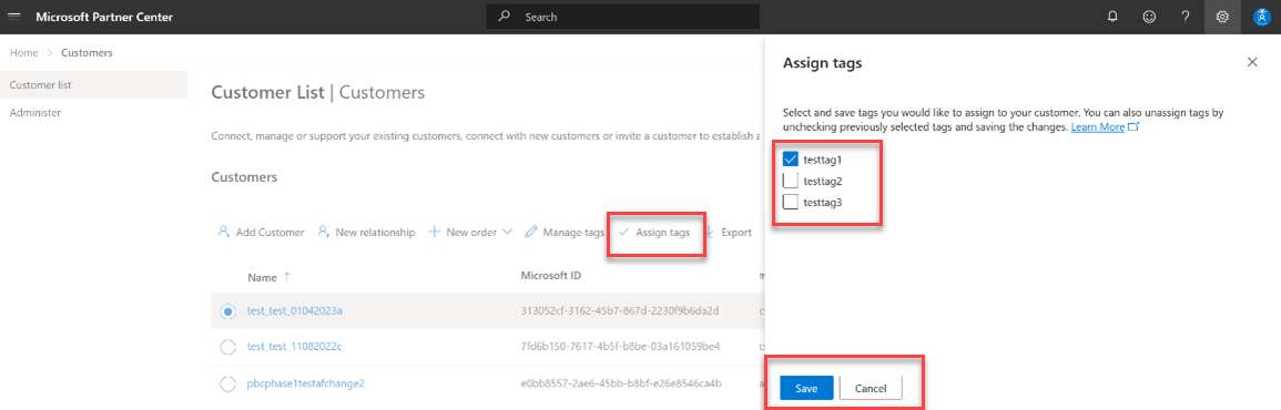 Screenshot of modifying existing tags from the customer list page in Partner Center.