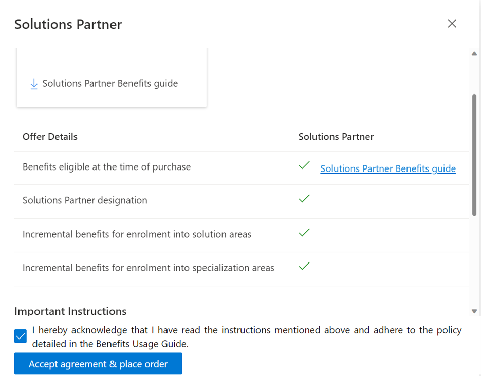 Captura de pantalla de la página Aceptación de contrato y pedido de la oferta del asociado de soluciones.