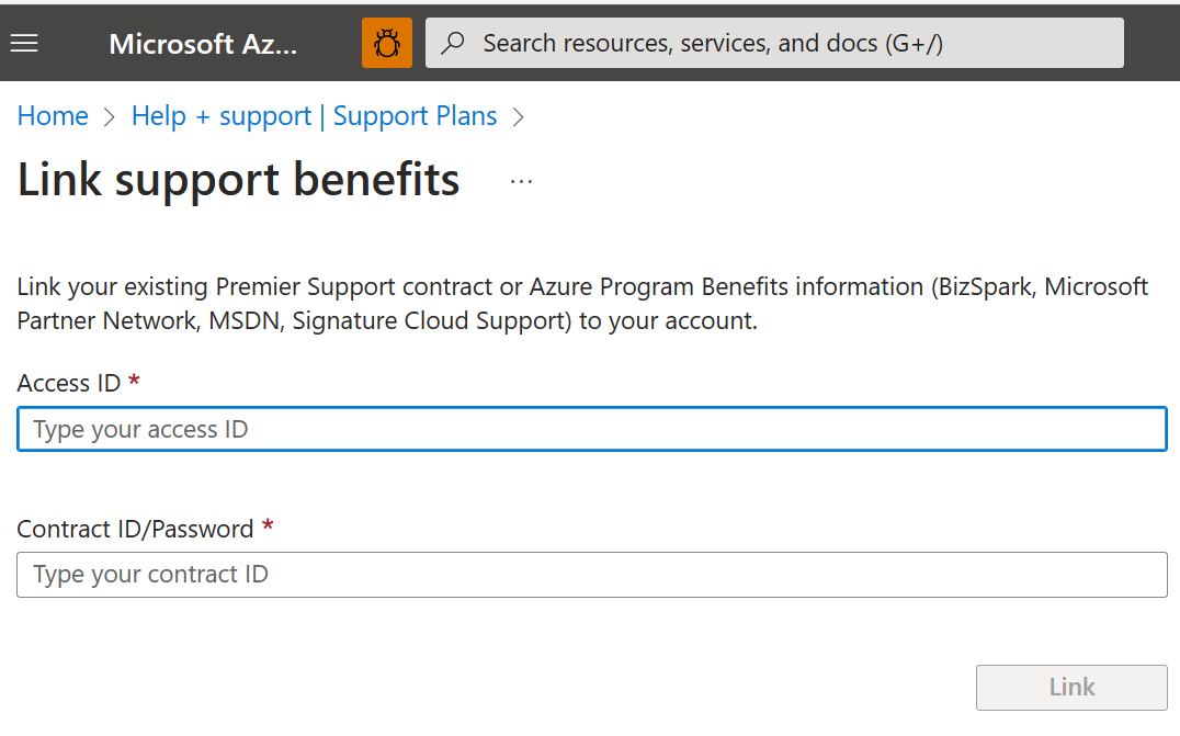 Captura de pantalla de la pantalla Link support benefits (Vincular ventajas de soporte técnico), con el campo Access ID (Id. de acceso) resaltado.