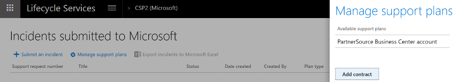 Captura de pantalla del control flotante Administrar planes de soporte técnico en la página Incidentes enviados a Microsoft.