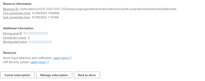 Captura de pantalla que muestra la parte inferior de una alerta de seguridad, con opciones para Cancelar suscripción, administrar suscripción o Volver a alertas.
