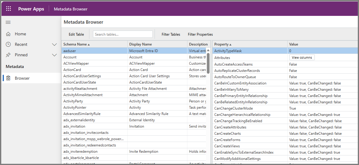 Captura de pantalla del Explorador de Metadatos en Power Apps con cuadrícula de tablas y propiedades de la tabla seleccionada.
