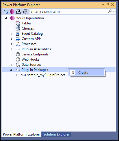 Dentro del Power Platform Explorer, seleccione un Paquetes de complementos y seleccione Crear del menú contextual.