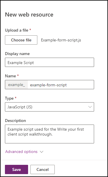 Nuevo cuadro de diálogo de recursos web para crear un script de formulario de ejemplo