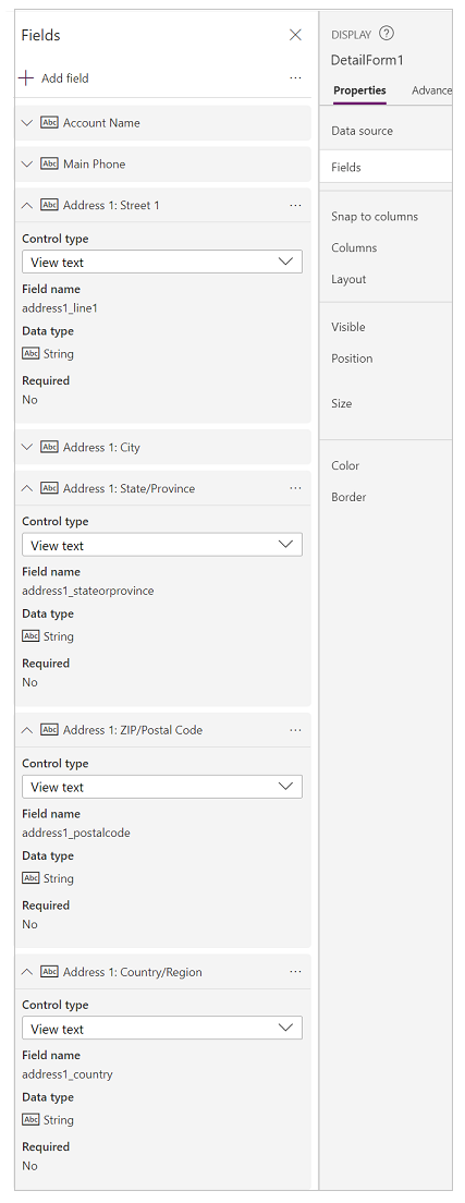 Panel de campos de la galería