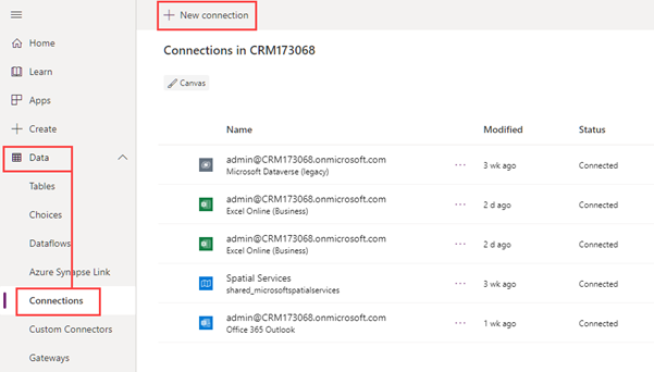 Captura de pantalla de la ventana de conexiones de datos de Power Apps.