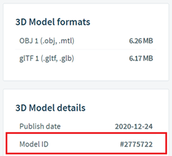 Una captura de pantalla de los tipos de archivos y el ID de modelo de un Objeto 3D en CGTrader.com.