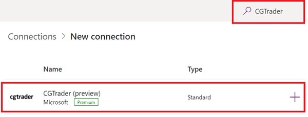 Una captura de pantalla del resultado de la búsqueda de conexiones de Power Apps con CGTrader seleccionado.