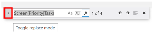 El icono Alternar modo de reemplazo en el lado izquierdo del control Find and Replace, antes de las áreas de entrada de texto