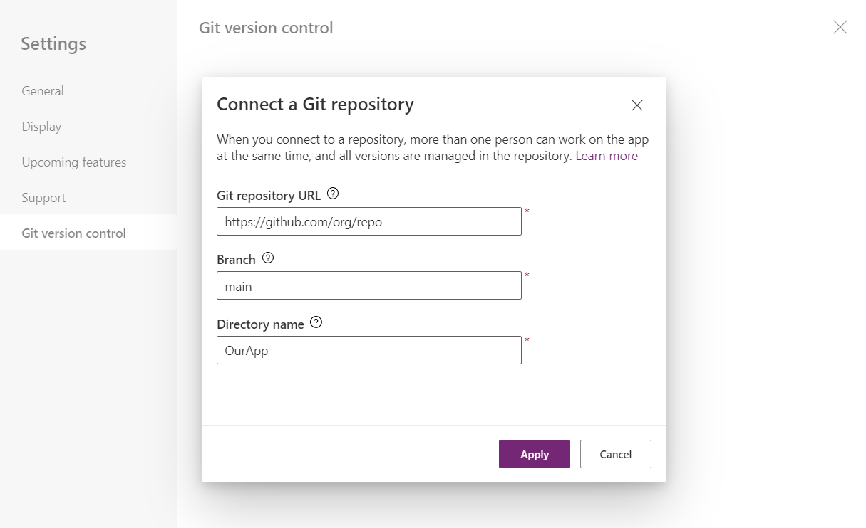 Cuadros de entrada de texto para proporcionar información de conexión de git.