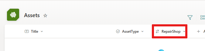 Captura de pantalla que muestra la columna RepairShop en la lista de activos.