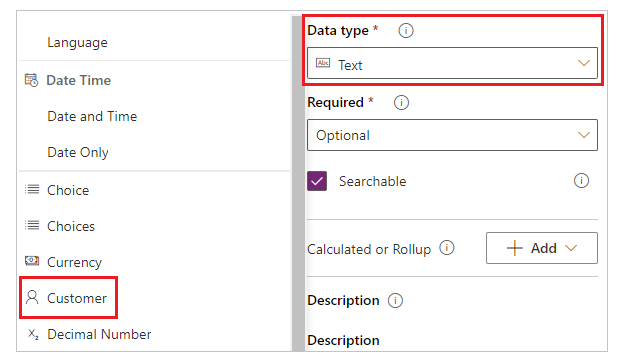 Tipo de datos del cliente de la lista de tipos de datos al crear una columna.