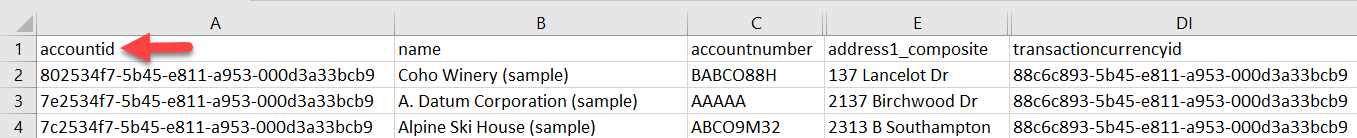Archivo de exportación de muestra de una tabla Cuenta que muestra accountid como clave principal.