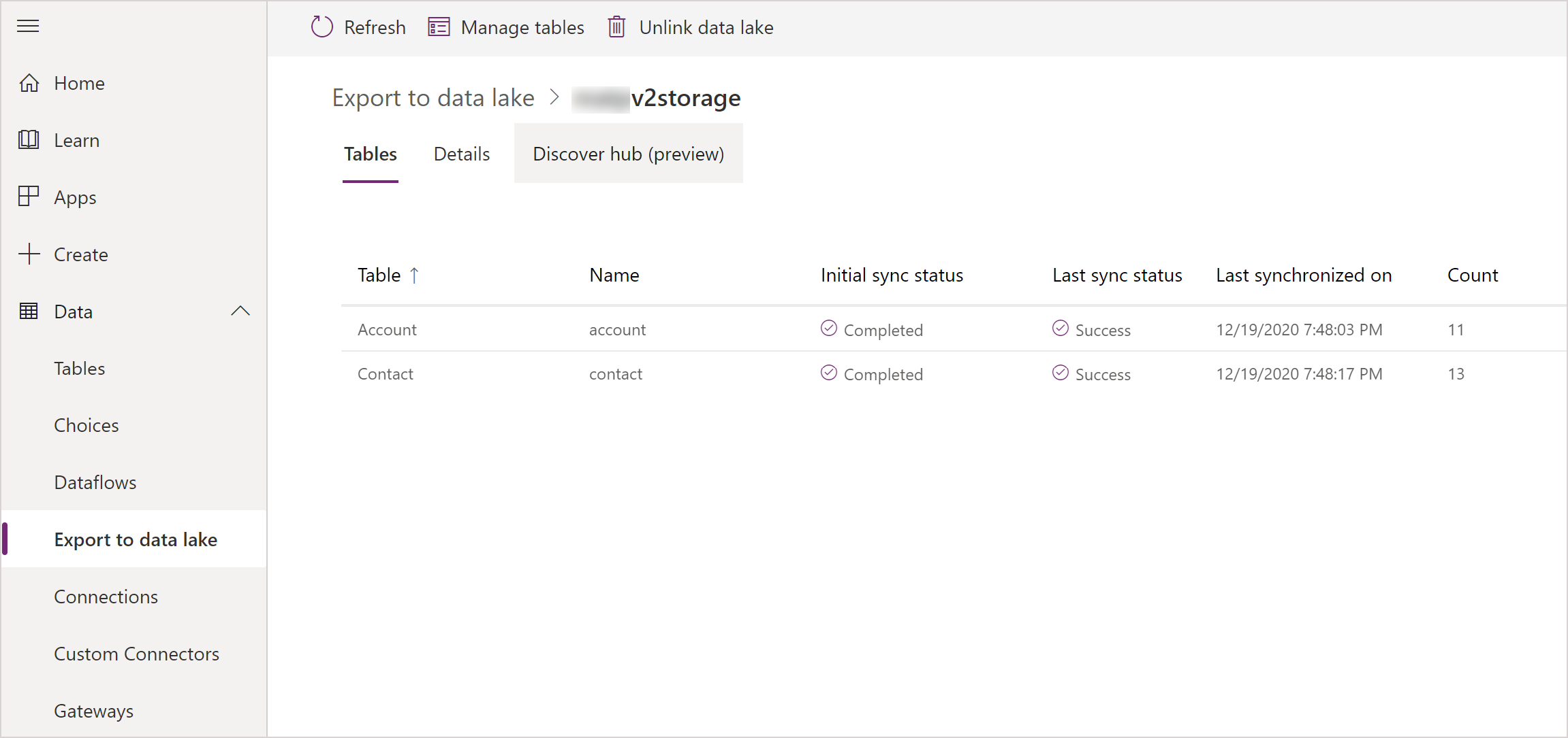 Tablas de Azure Synapse Link for Dataverse importadas.