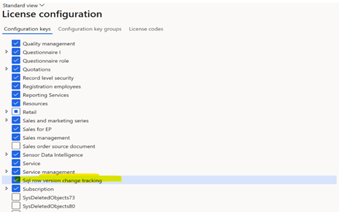 Captura de pantalla que muestra la clave de configuración de seguimiento de cambio de versión de fila Sql habilitada.