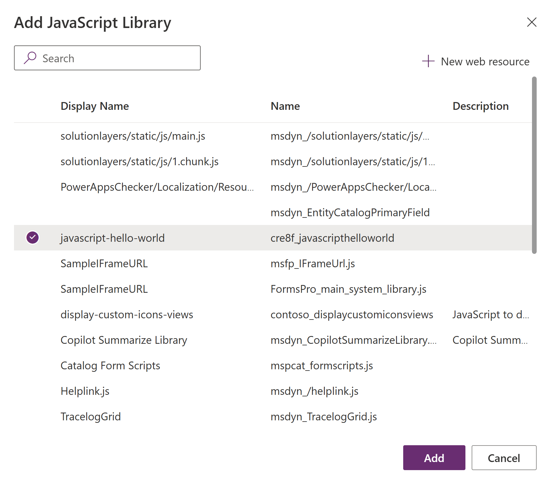 Adición de un archivo javascript para el recurso web